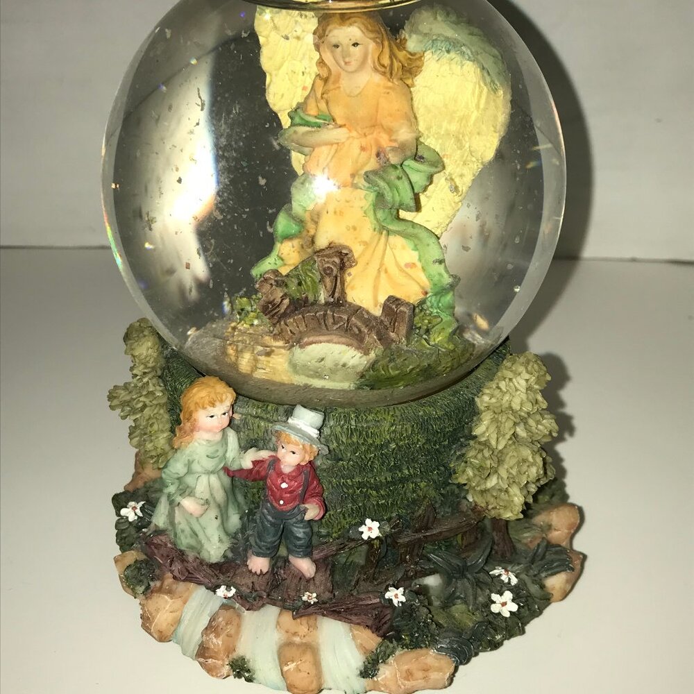 Guardian Angel Watching Children Wide Up Musical Snow Globe